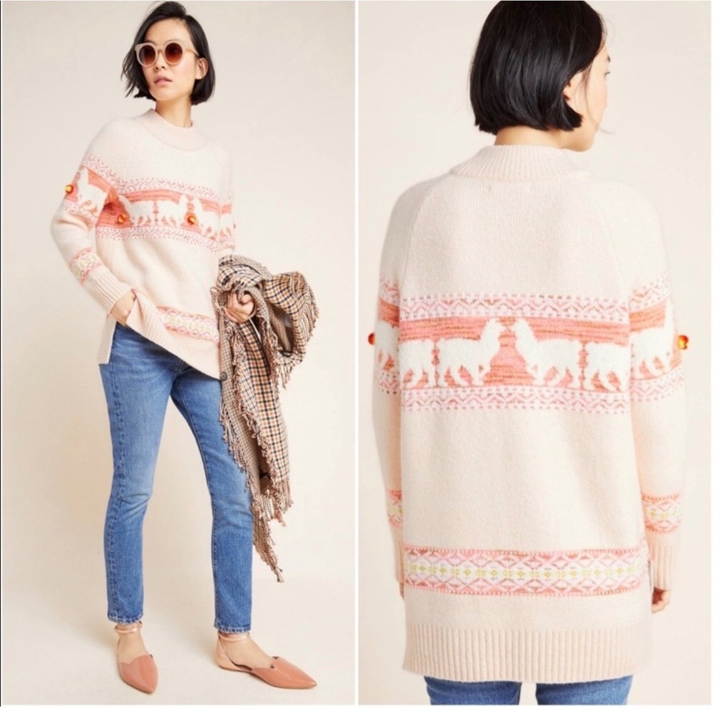 Anthropologie Llama Fair Isle Pom Pom Sweater Peach Pink Wool Alpaca Blend XS
